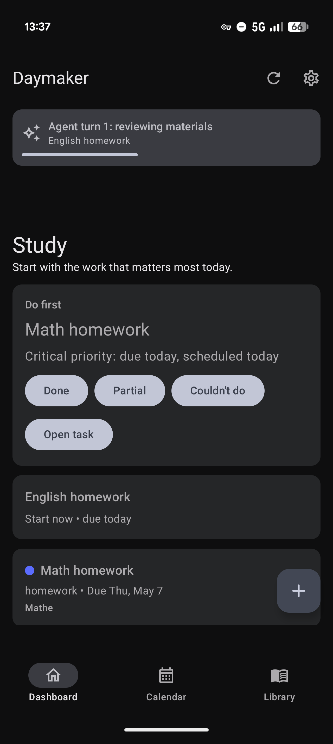 Daymaker dashboard showing study tasks and AI review