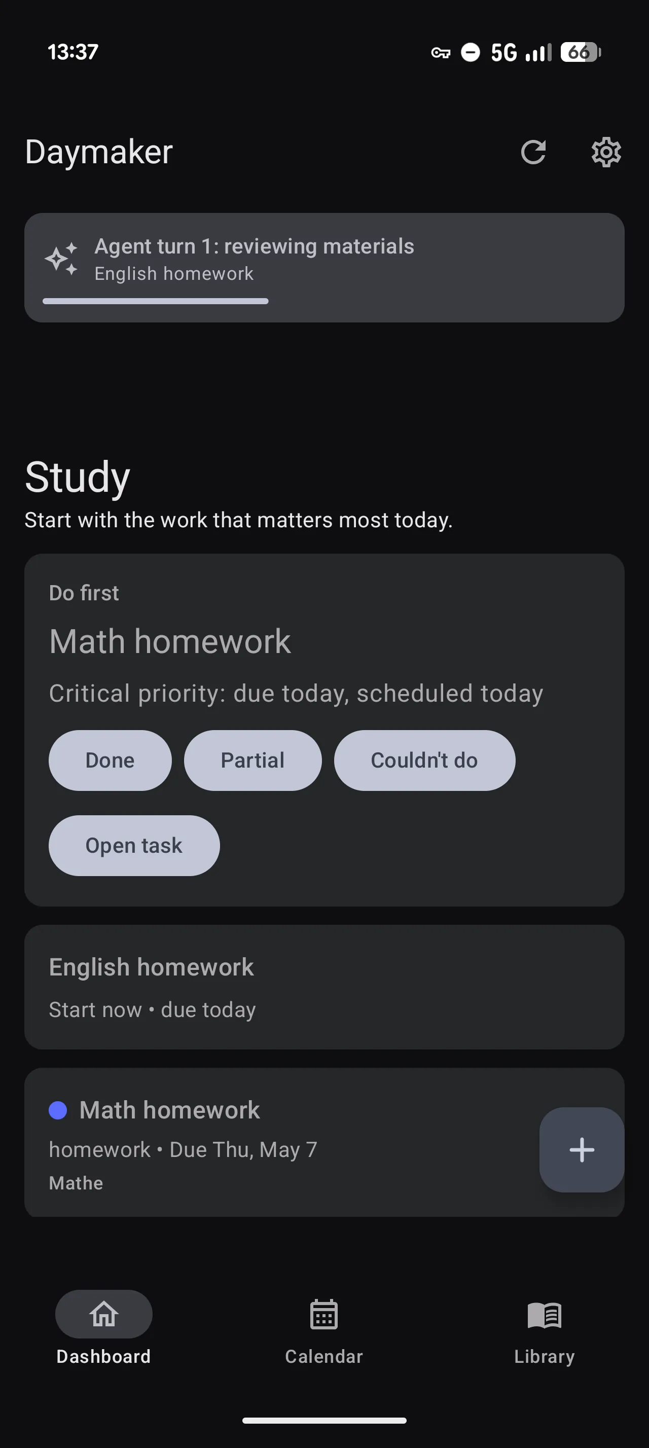 Daymaker dashboard showing study tasks and AI review